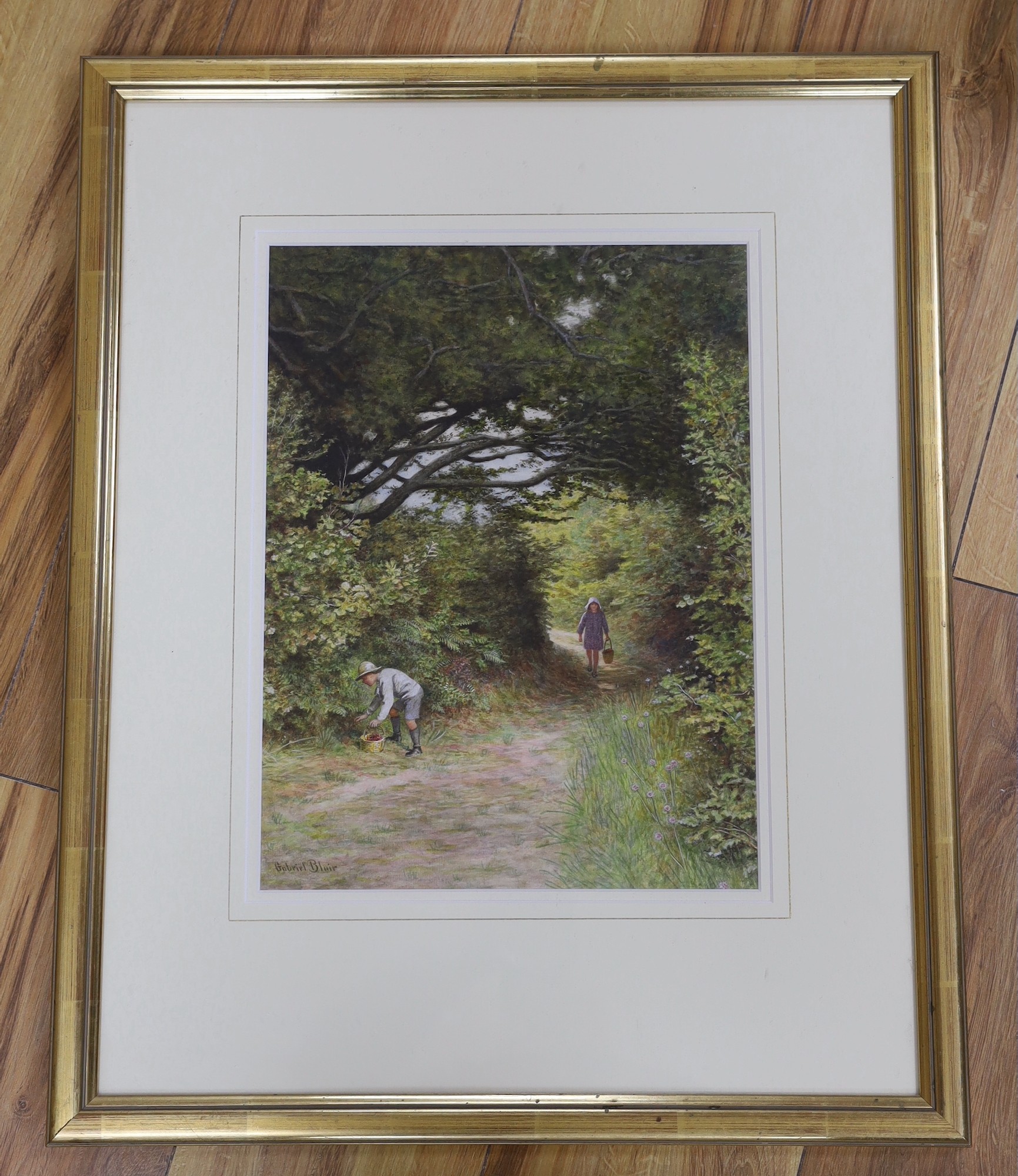 Gabriel Blair (1862-1932), watercolour, 'Children picking blackberries along a lane', signed, 35 x 27cm